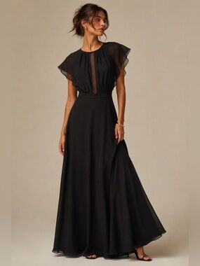 Sabina Black Sheer Flutter Sleeve Illusion Panel Maxi Dress